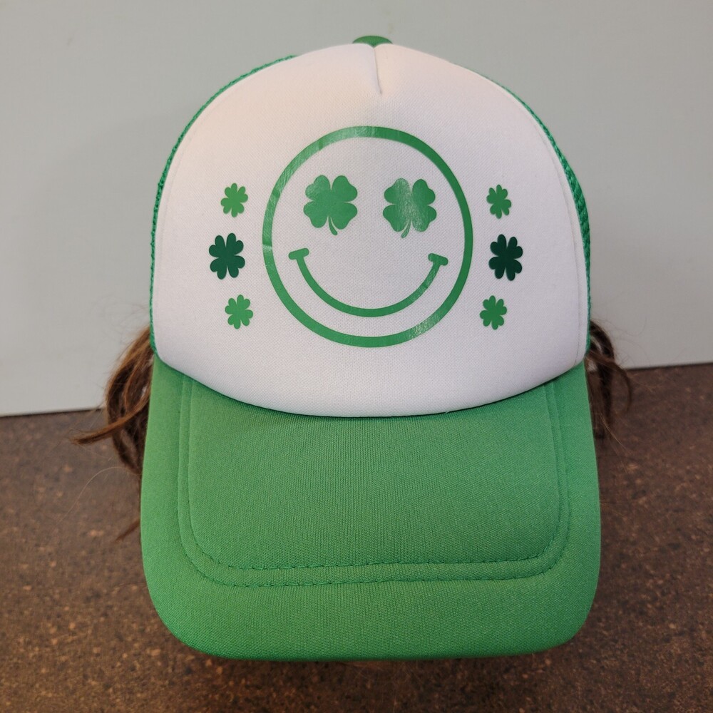 St. Patrick’s Day Lucky Shamrock Smile Emoji Trucker Hat Mens Mesh Snapback Cap
